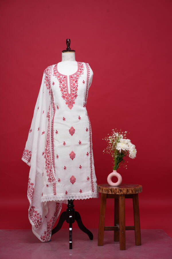 Elegant cotton linen shirt with intricate embroidery, paired with digital print cotton linen bottoms and an embroidered dupatta, perfect for casual or festive wear